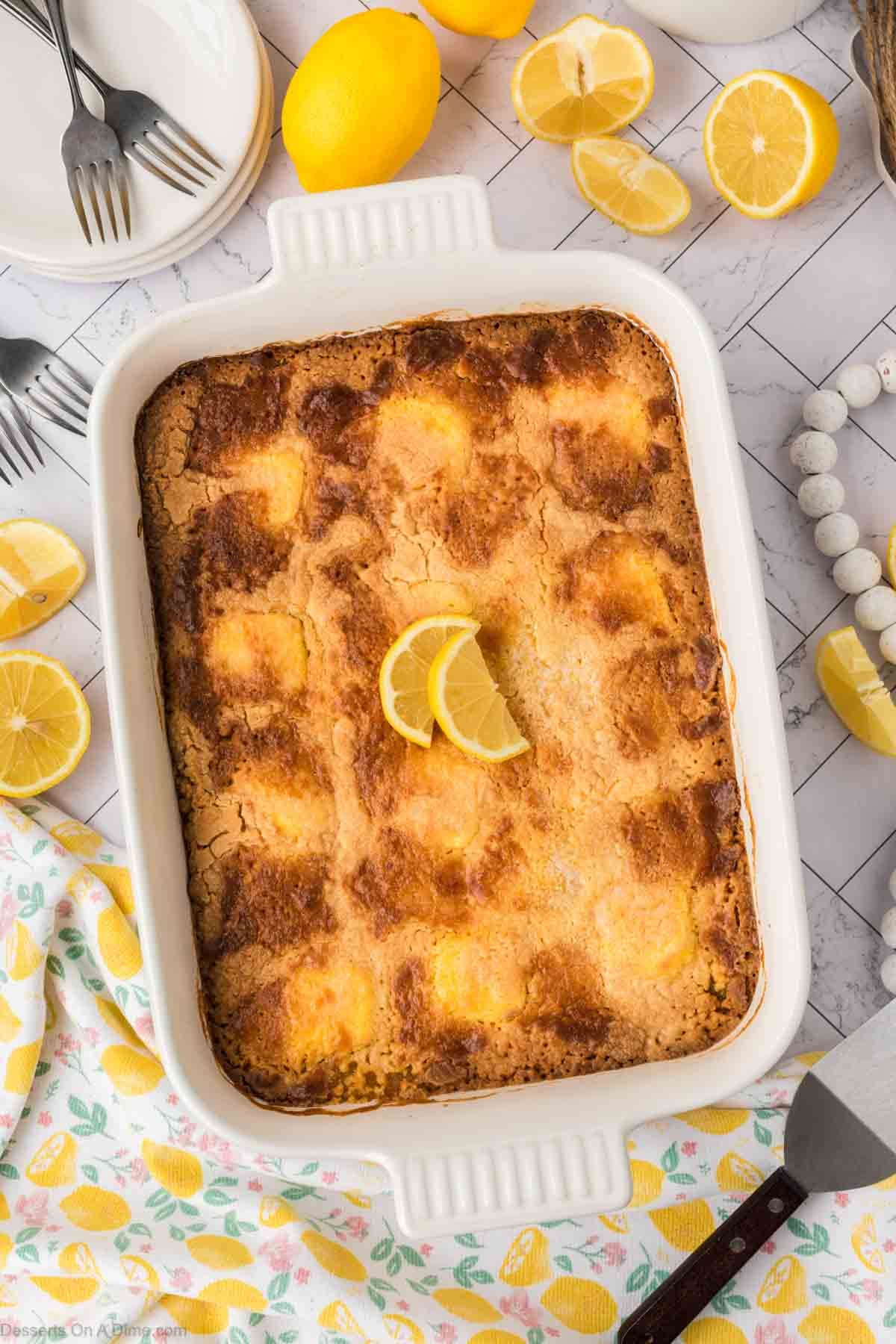 Lemon Dump Cake baked and cooling. 