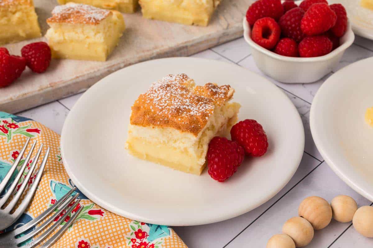 Magic Cake cut into squares. 