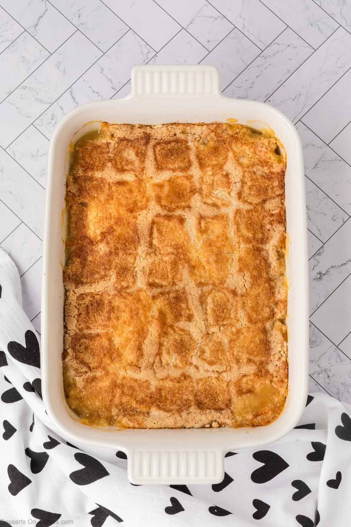 Baking dish with cake cooling. 