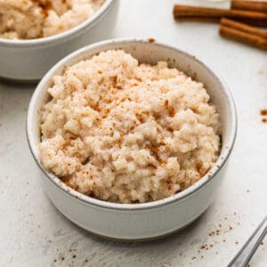 Bowl or rice pudding with cinnamon sprinkled on top.