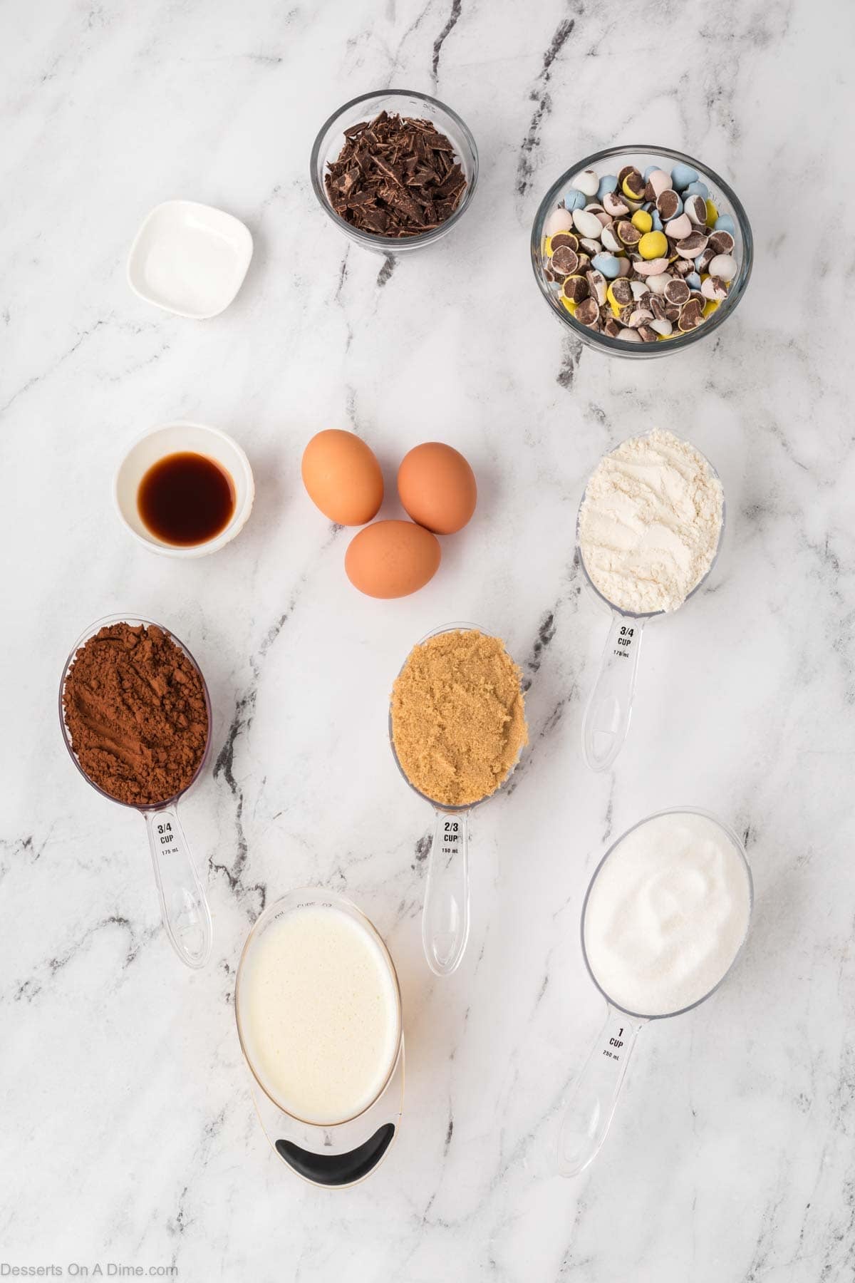 Cadbury Egg Brownies Ingredients - butter, sugar, brown sugar, eggs, vanilla, flour, cocoa powder, satl. 