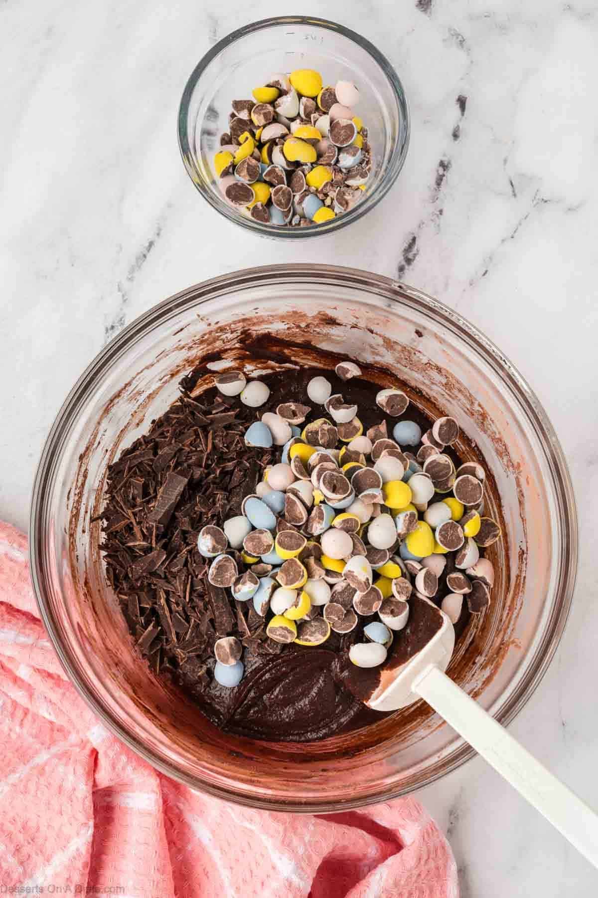 Cadbury Eggs mixed into batter. 