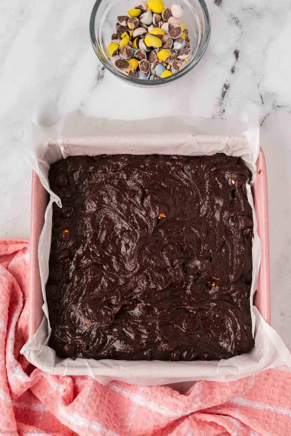 Brownie Batter poured into pan and smoothed out.