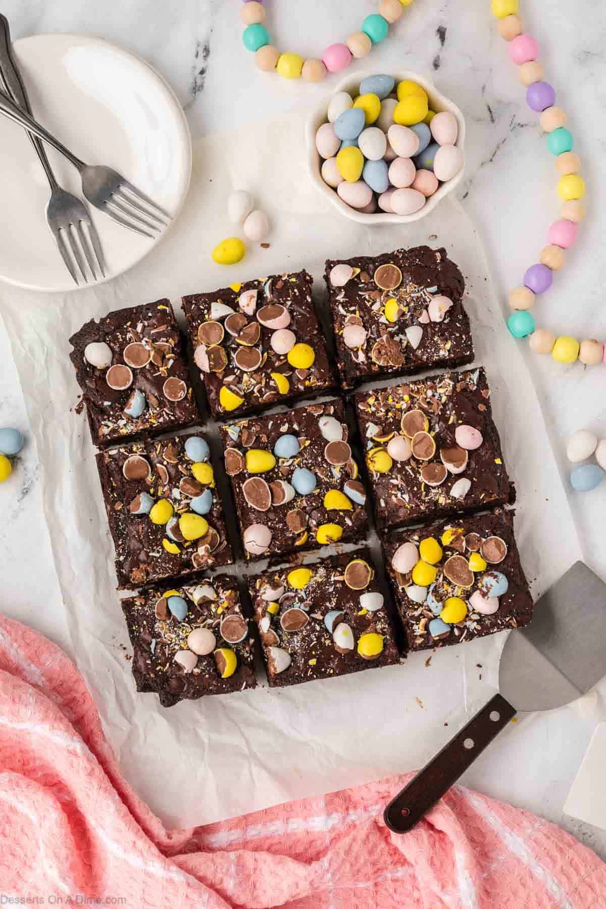 Cadbury Egg brownies cut and ready to be served 