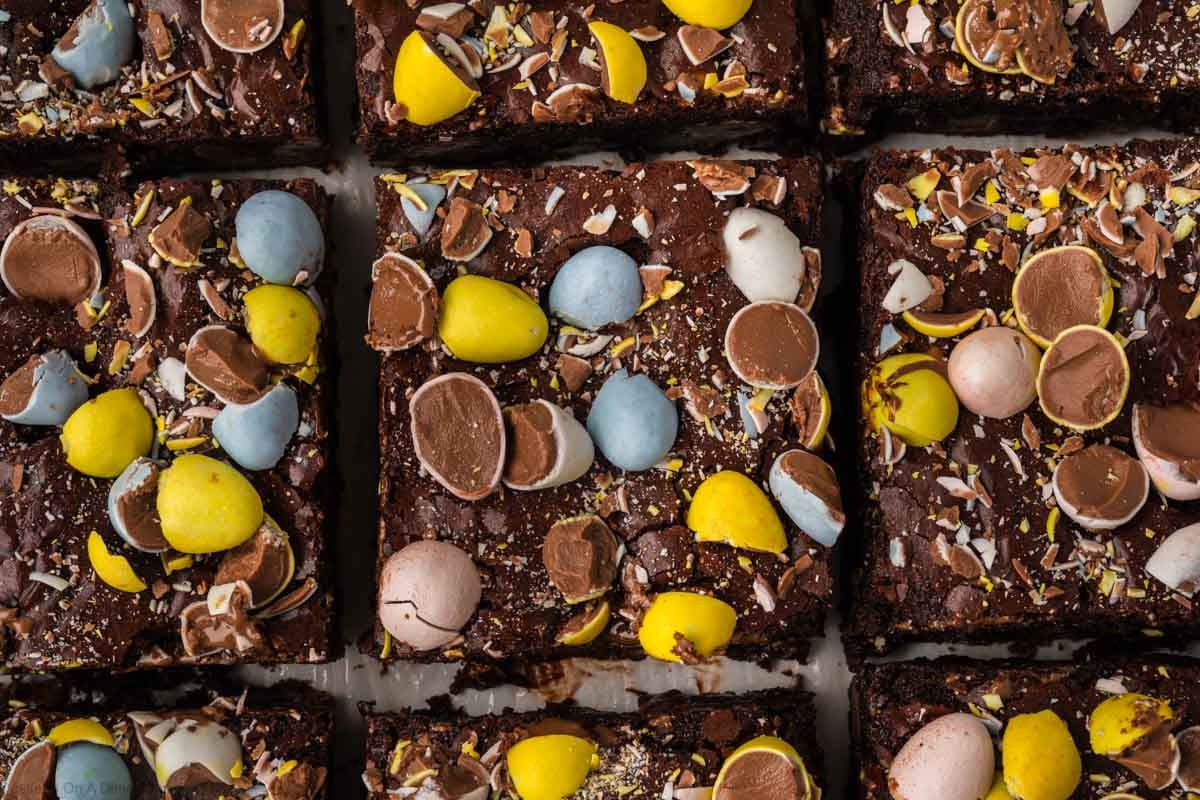Cadbury Egg Brownies cut into squares. 
