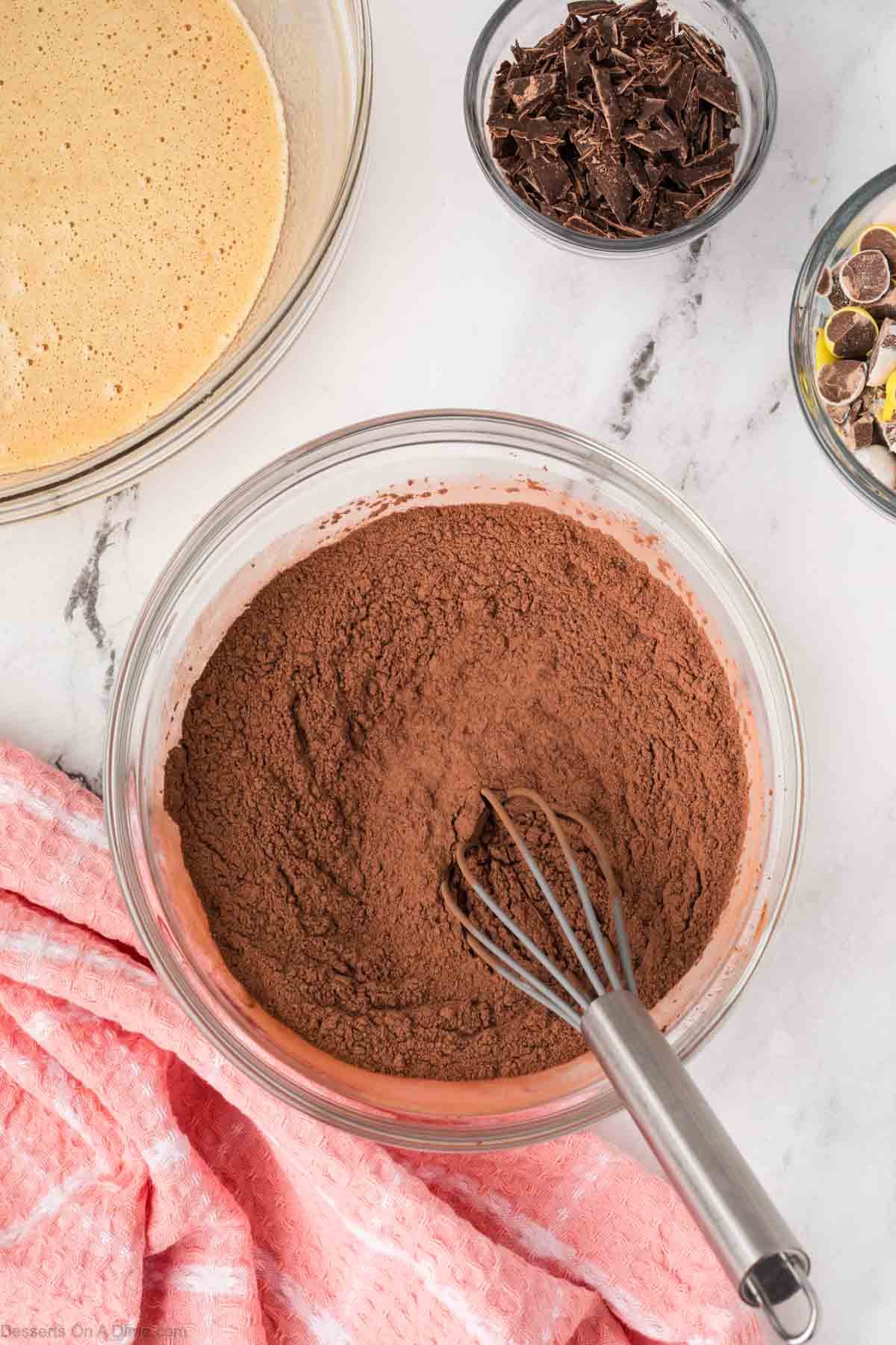 Dry ingredients combined in a mixing bowl. 