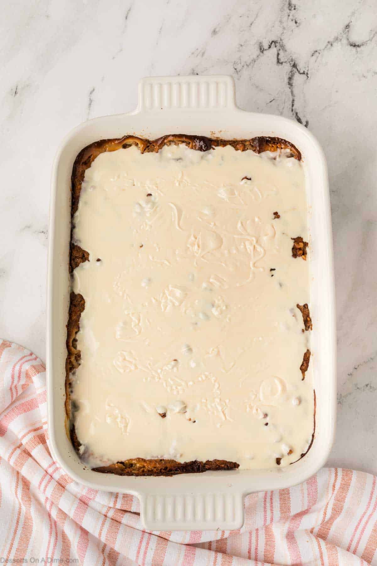 Sweetened condensed milk poured on top. 