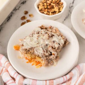 Carrot Cake Dump Cake on a white plate.