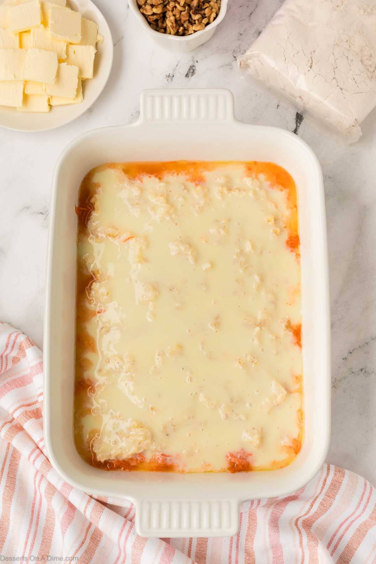 Sweetened condensed milk poured on top. 