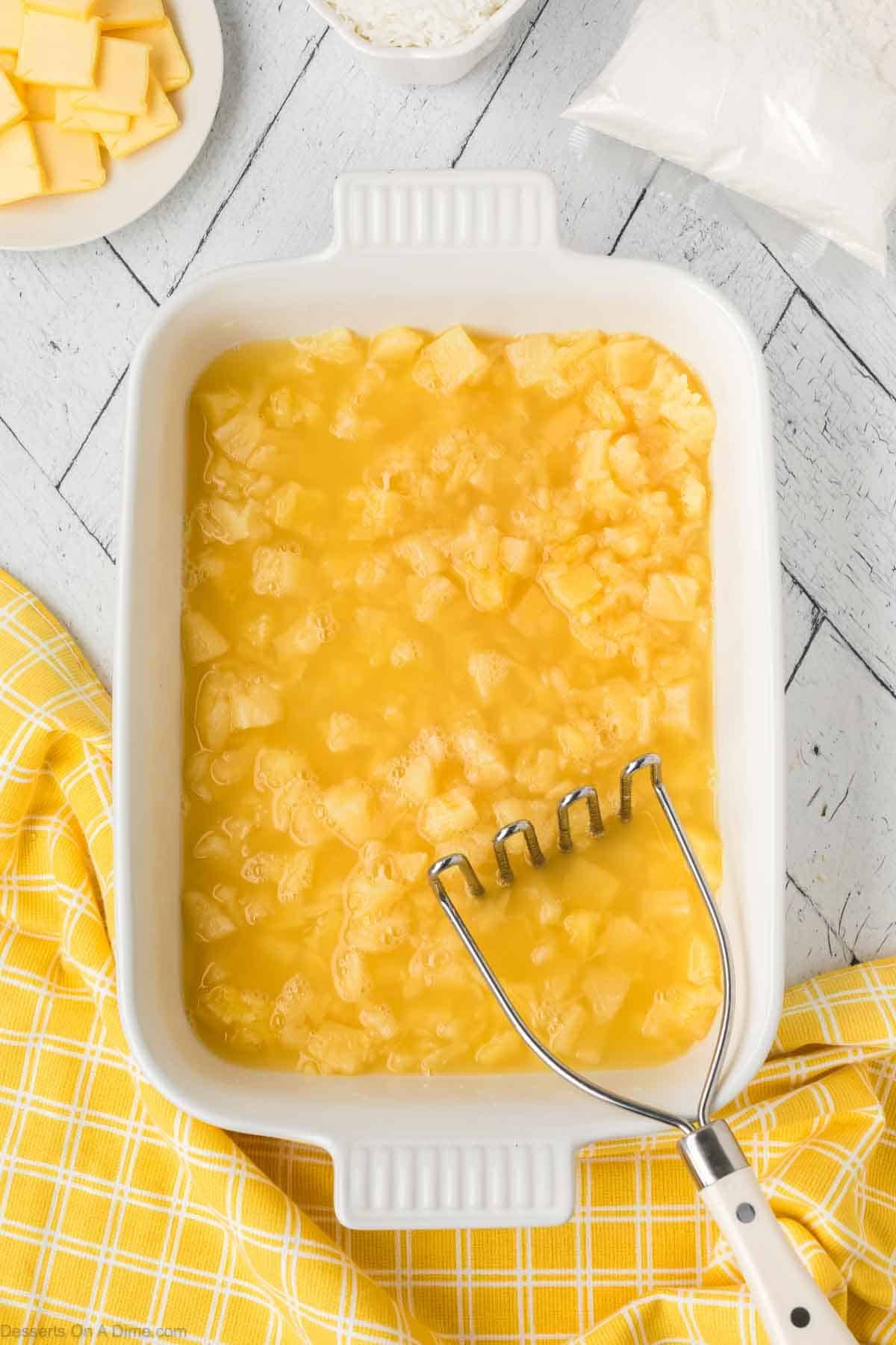 Pineapple in baking dish.
