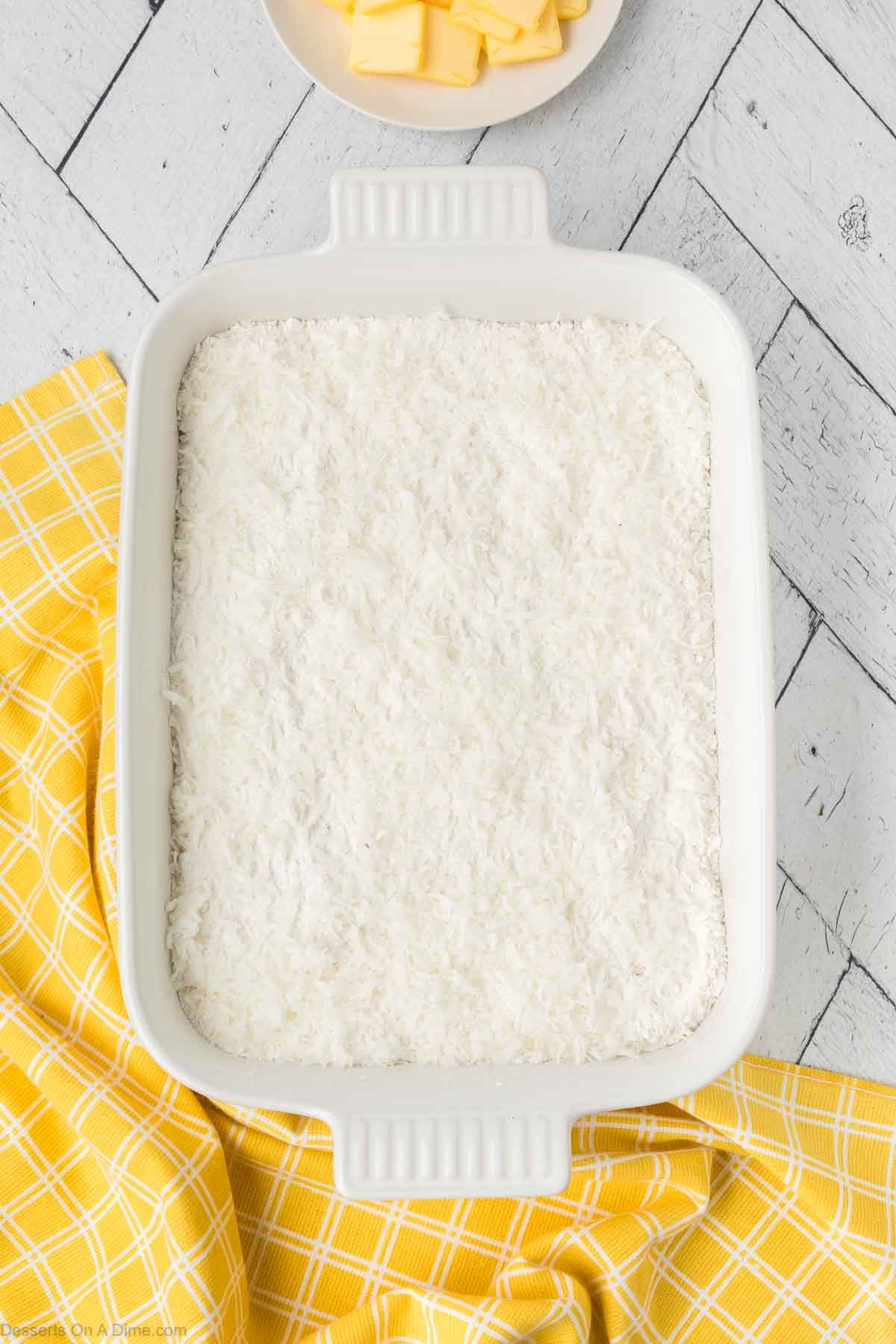 Cake Mix spread on top. 