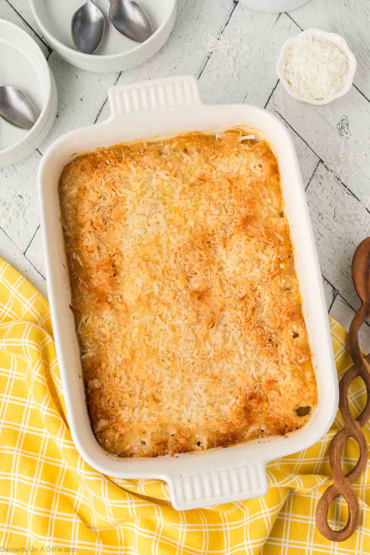 Cake cooling in baking dish. 