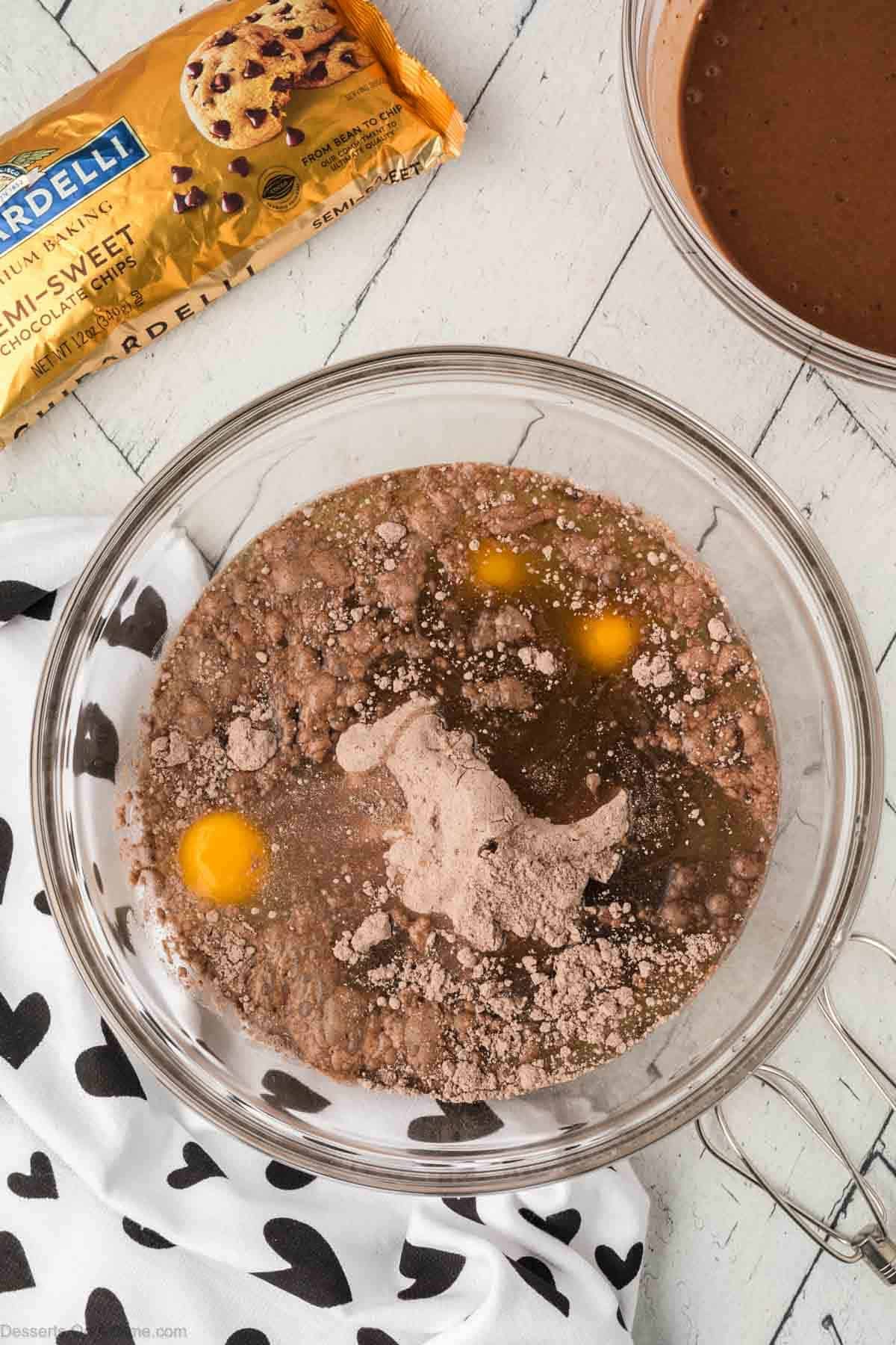 Chocolate Cake mix combined with eggs and oil. 