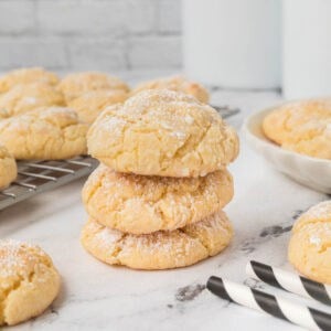 Ooey Gooey Cake Mix Cookies stacked together.