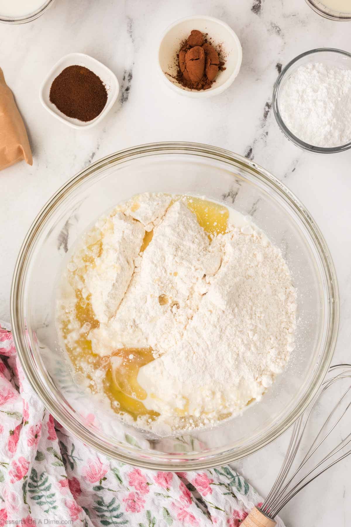 Cake mix, eggs and oil in mixing bowl.