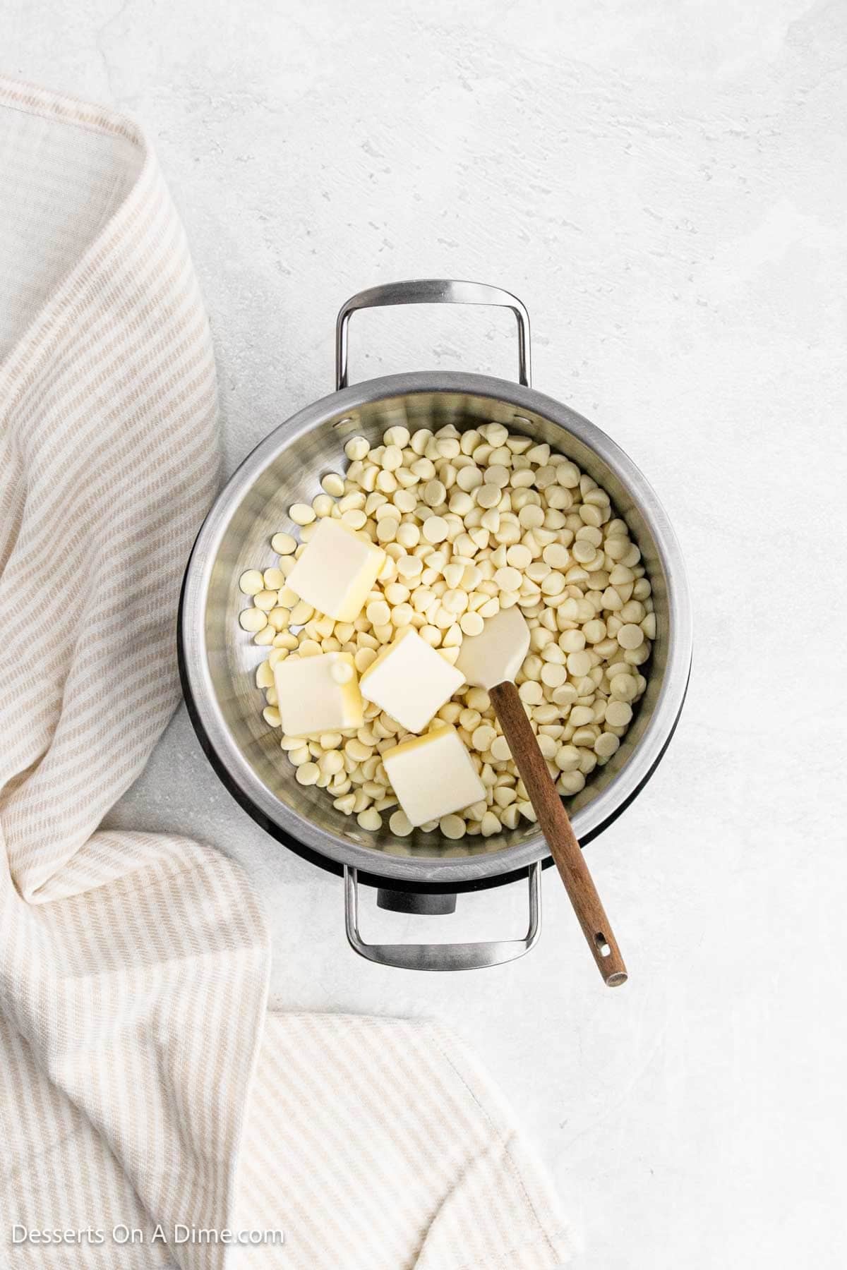 White chocolate and butter being combined to melt. 