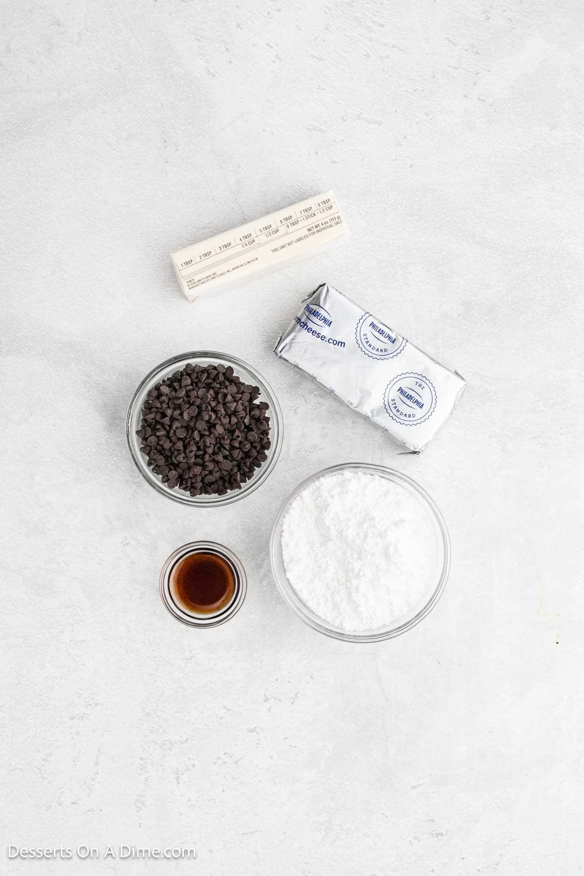 Ingredients for recipe: cream cheese, butter, powdered sugar, vanilla and mini chocolate chips. 