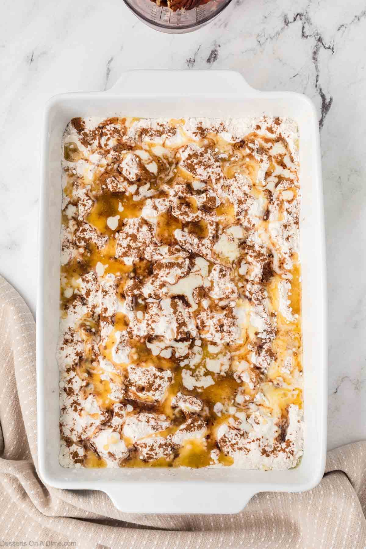 Dry cake mix sprinkled over the top. 