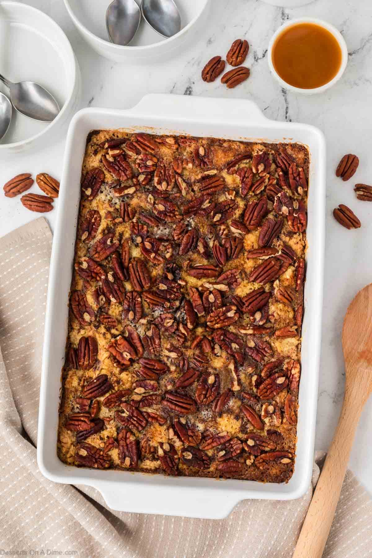 Cake cooling in baking dish. 