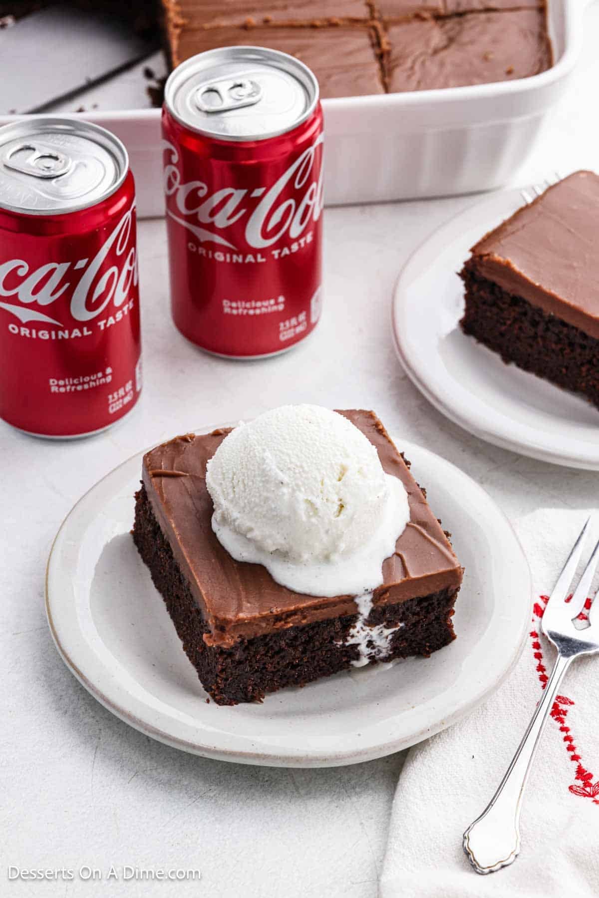 Coca Cola Cake sliced on a plate. 