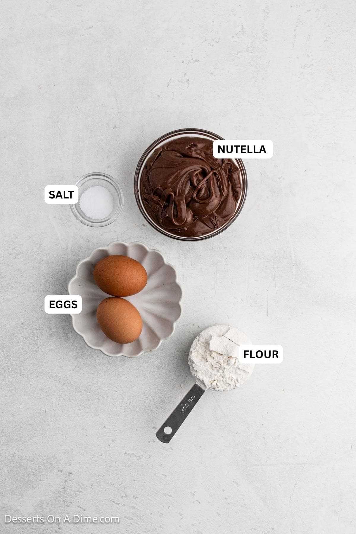 Ingredients for recipe: nutella, salt, eggs and flour.
