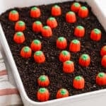 Pumpkin Patch Dirt Cake in baking dish ready to serve.